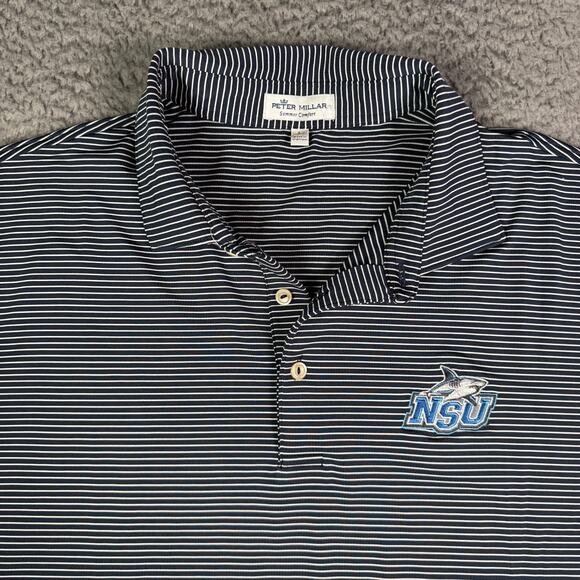 Peter Millar Summer Comfort Polo Shirt Mens Large Blue NSU Sharks Golf Stretch - Picture 1 of 8
